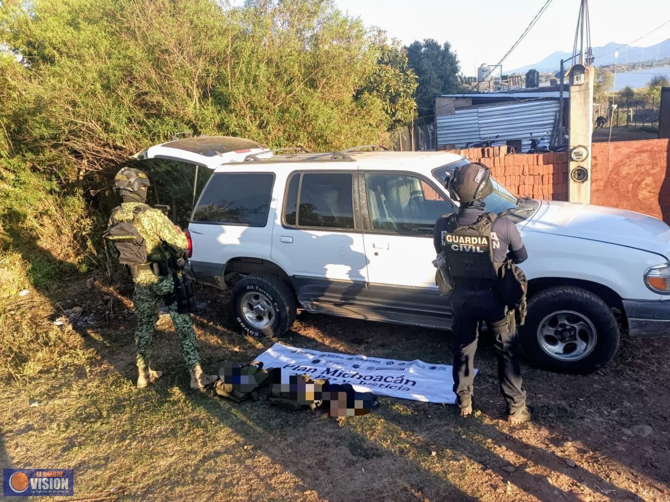 SSP asegura vehículo y equipo táctico con leyenda alusiva a una célula delictiva en Erongarícuaro