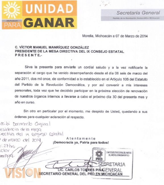 Formaliza Torres Piña salida de su cargo; va por la dirigencia del PRD