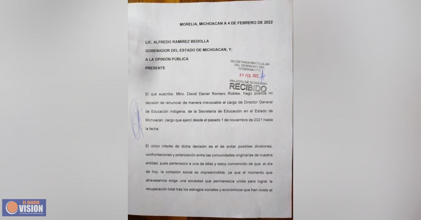 Cnte logra conquista, renuncia Director de Educación Indígena