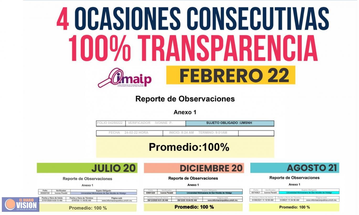 Tras revisión sorpresa del IMAIP, la UMSNH vuelve a obtener calificación 100%