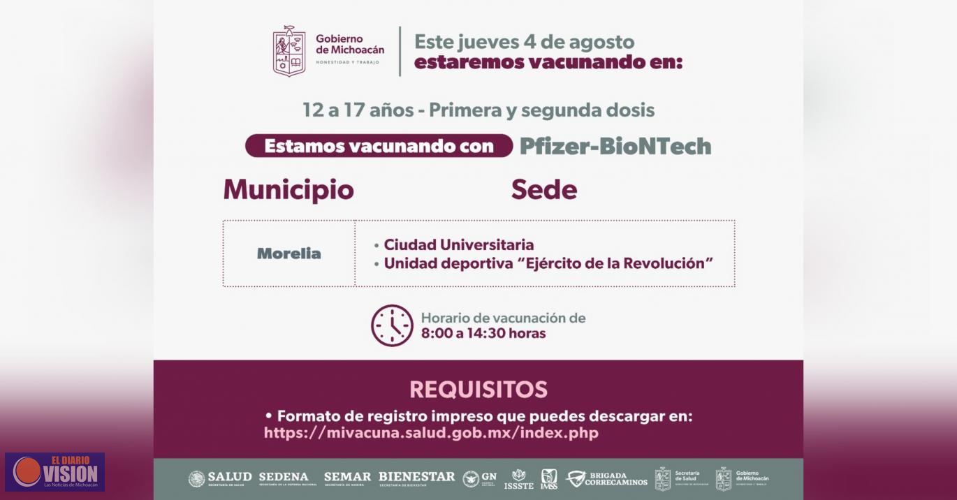 Más de 15 mil adolescentes de 12 a 17 años, vacunados en Morelia en 2 días de jornada