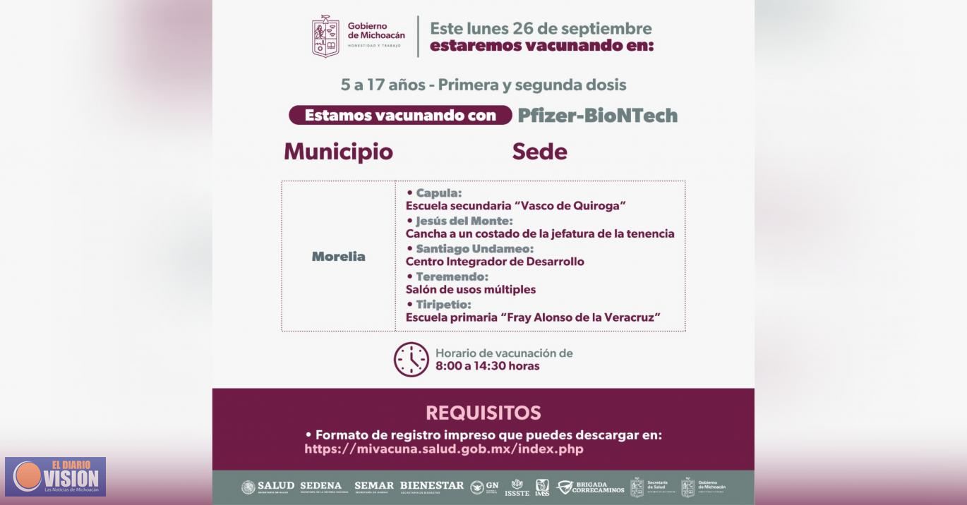 Próximo lunes se vacunará a niños de 5 a 17 años en 5 tenencias de Morelia