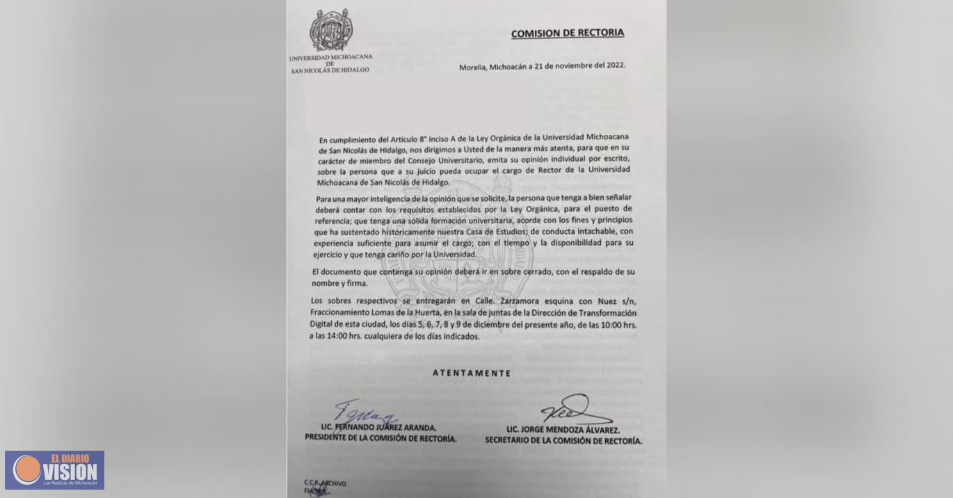 Comisión de Rectoría envía cartas de consulta a consejeros para elegir al nuevo rector de la UMSNH