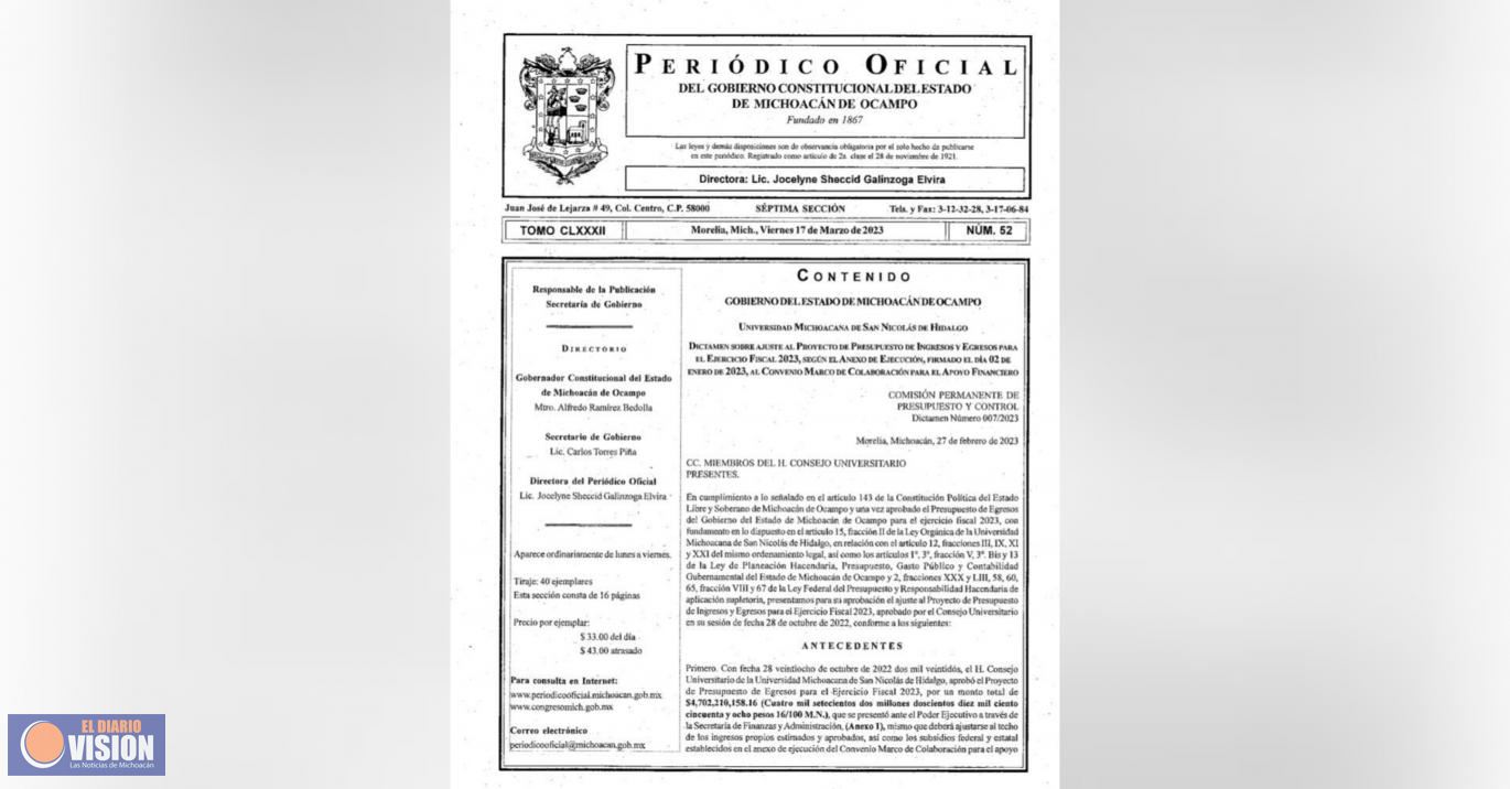 Histórico, por primera vez se publica en el Periódico Oficial el presupuesto desglosado de la UMSNH