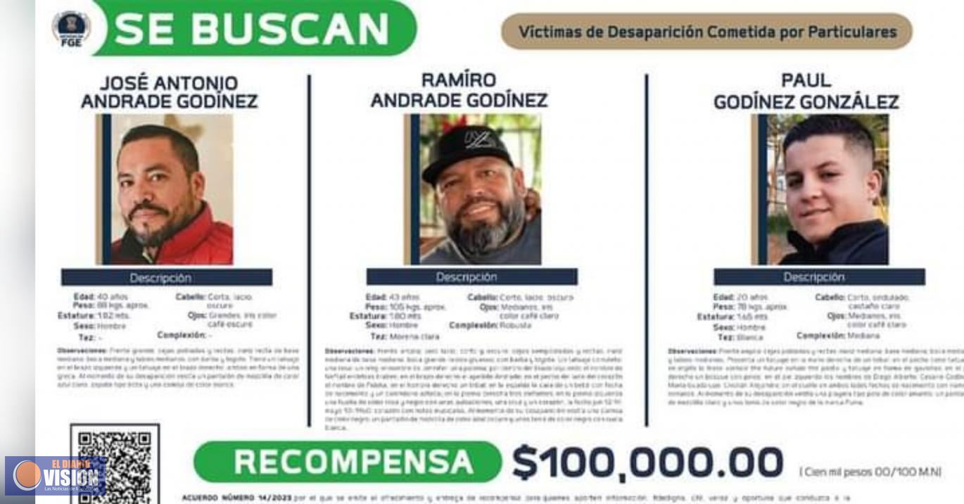 Ofrece FGE recompensa, para localizar a tres personas víctimas del delito de desaparición