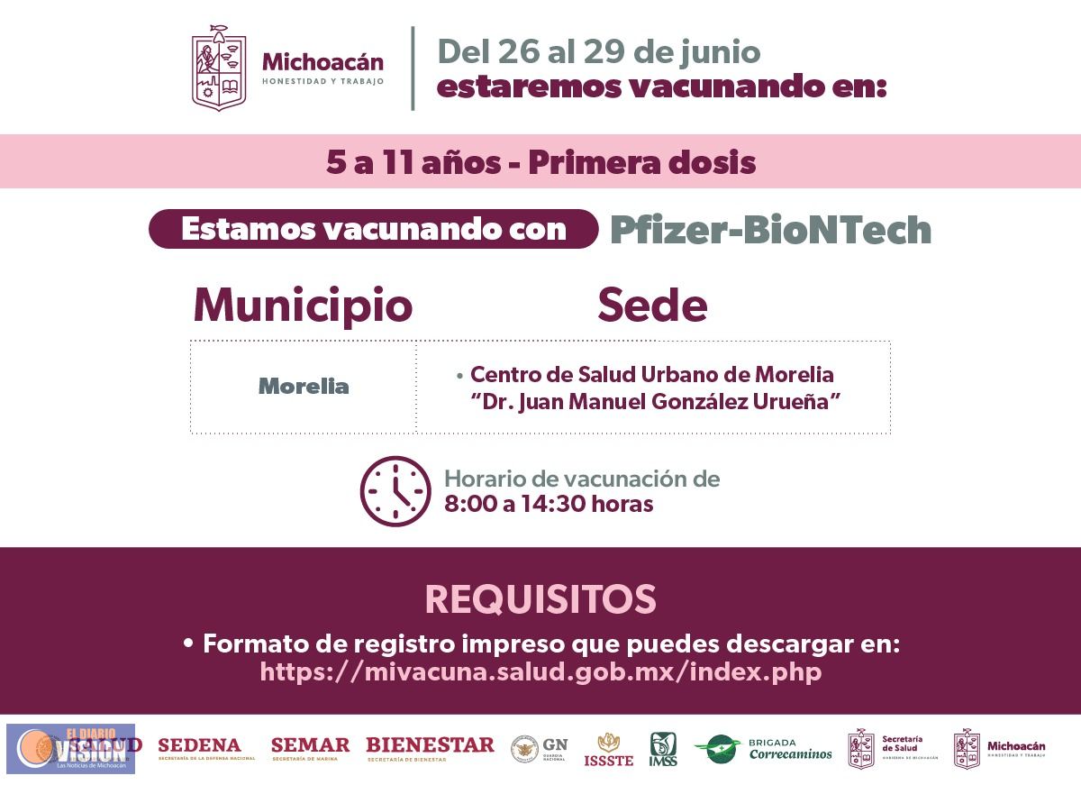 Vacunación COVID-19 en Morelia y Uruapan para menores de 5 a 11 años