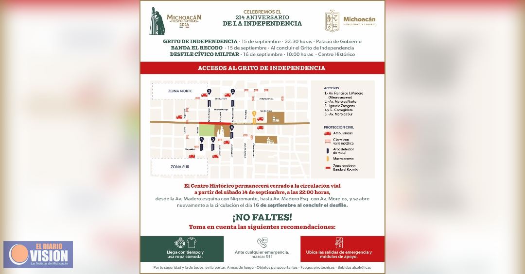 Estos serán los 6 puntos de acceso para el Centro Histórico de Morelia, por fiestas patrias