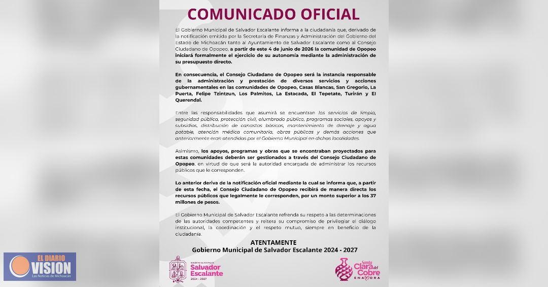 La Comunidad de Opopeo, ejercerá su presupuesto directo a partir del 4 de junio 