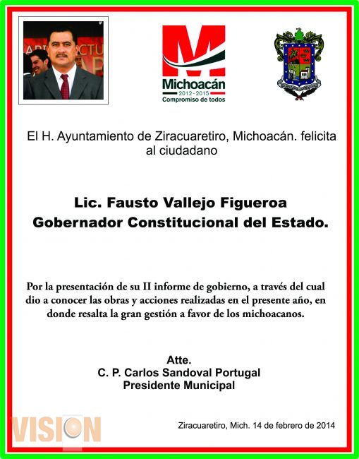 Felicitación por su II informe de gobierno al Lic. Fausto Vallejo Figueroa Gobernador Constituciona