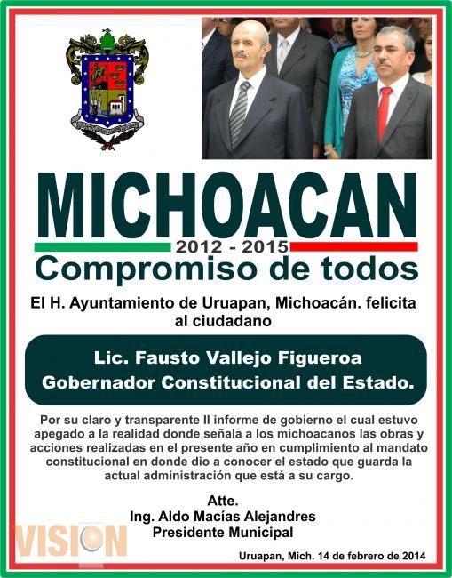 H. Ayuntamiento de Uruapan, Mich. Felicita al Lic. Fausto Vallejo Figueroa