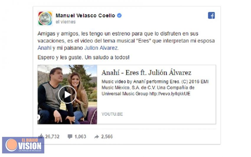 Así apoya Manuel Velasco a su esposa, Anahí