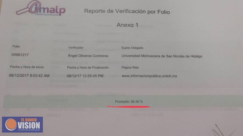 Evalúa IMAIP transparencia en UMSNH con un 88.46 por ciento