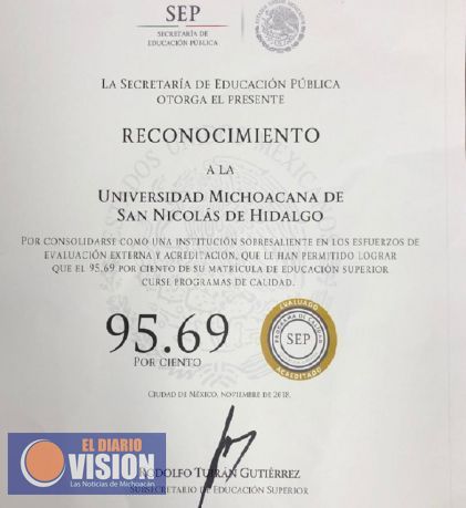 Reconoce SEP a la UMSNH por alcanzar el 95.69% de su matrícula inscrita en programas de calidad