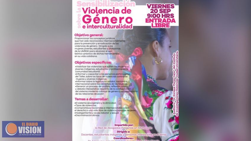 Este viernes, taller de sensibilización sobre violencia de género e interculturalidad en la UMSNH 