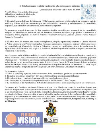 Consejo Supremo Indígena de Michoacán denuncia represión y amenazas de muerte en contra de Concejos