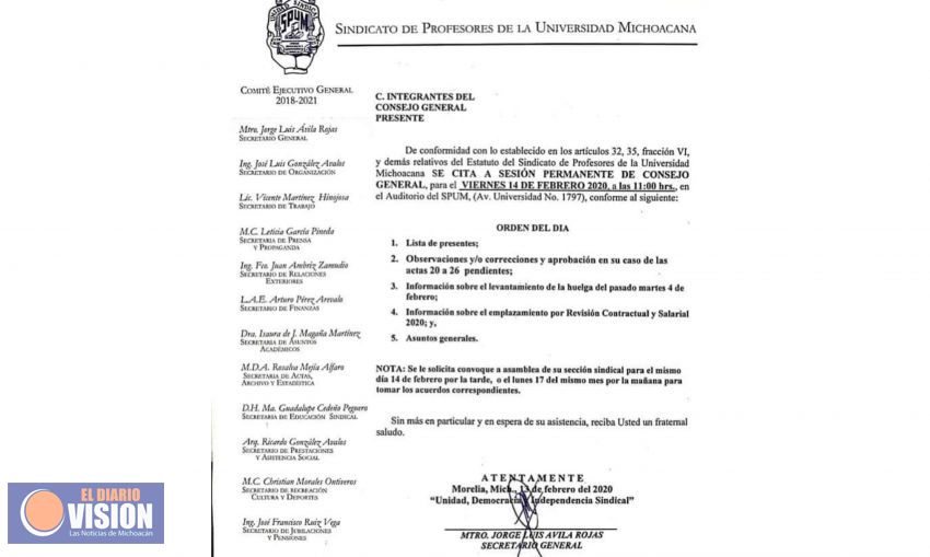 Convoca SPUM, a sesión permanente de Consejo General,  para este 14 de febrero 