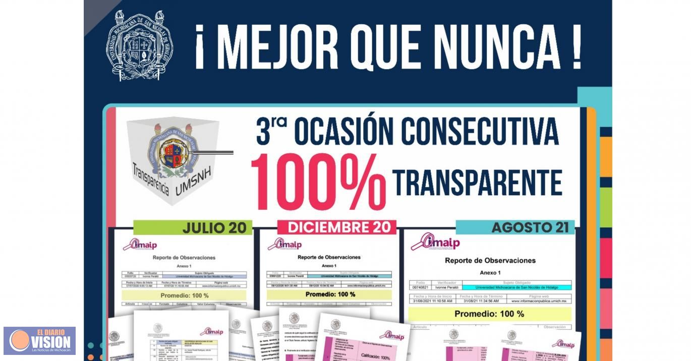 Por tercera ocasión consecutiva, la UMSNH alcanza el 100% de transparencia